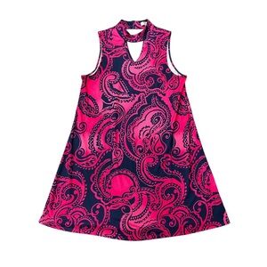 Aryeh Womens Medium Pink Paisley & Navy print dress‎ Sleeveless EUC